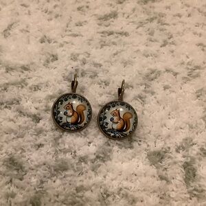 Squirrel Fall Autumn Glass Cabochon Pierced Earrings NWT Handcrafted .75”